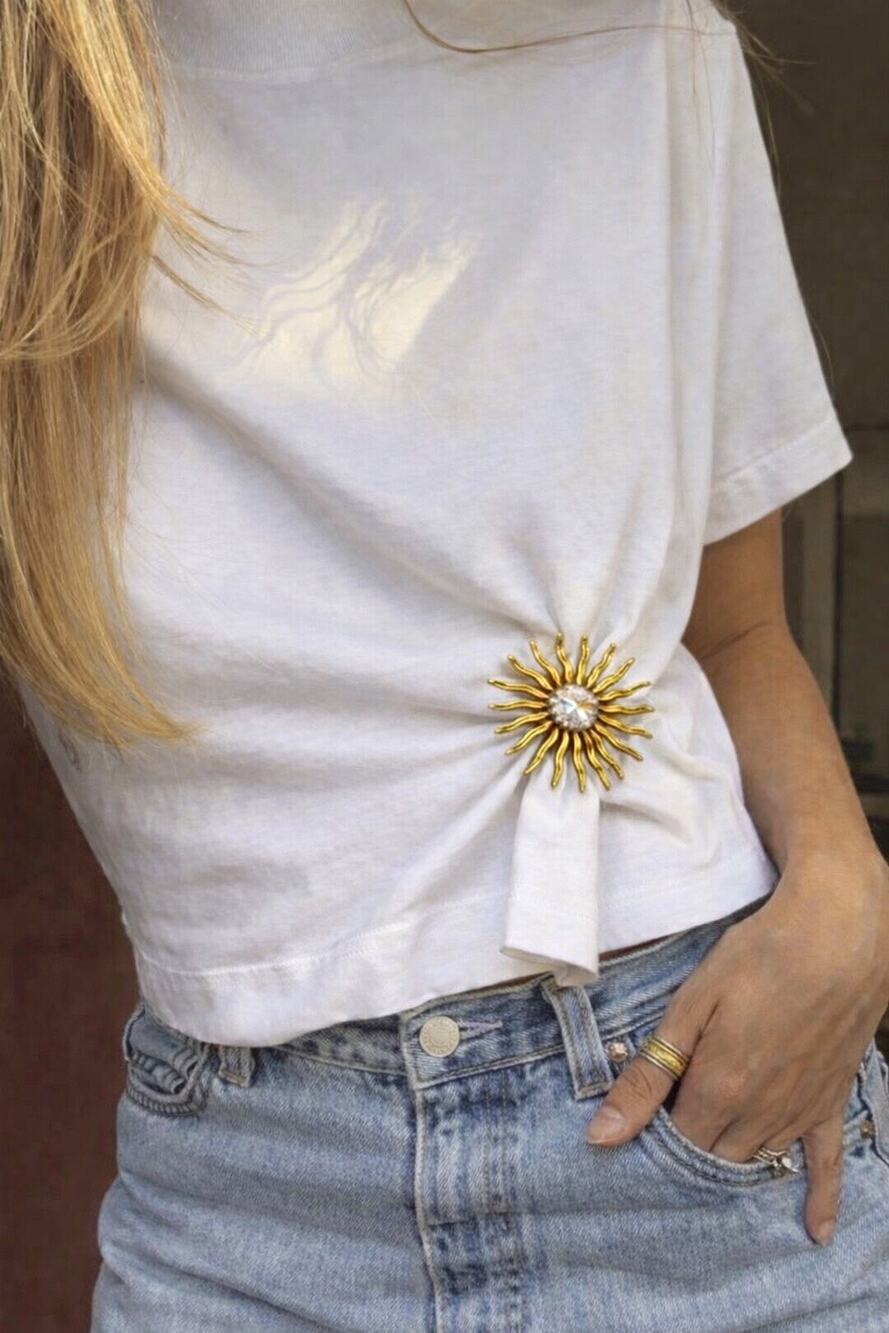 Vintage Sarah Coventry Sunburst Brooch Gold Crystal MCM Statement Pin Signed